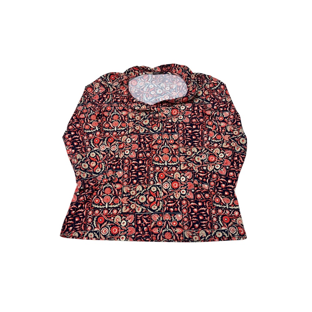 J.McLaughlin Womens Large Red Navy Patchwork Floral Ruffle Neck‎ Top 3/4 Sleeves